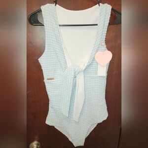 Fiola‎ Rose One Piece Swimsuit Medium Blue Gingham Vintage & Retro Inspired Tie